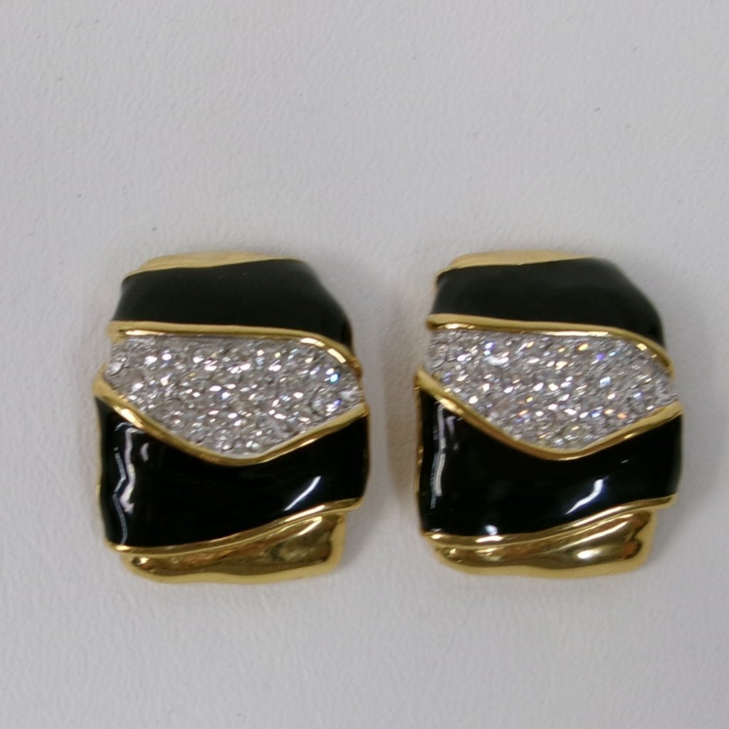 Vintage Essex Black Enamel Crystal Statement Clip Earrings